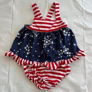 Patriotic Fourth of July Baby Girl Outfit Stars Stripes Ruffle Set 3-6 Months
